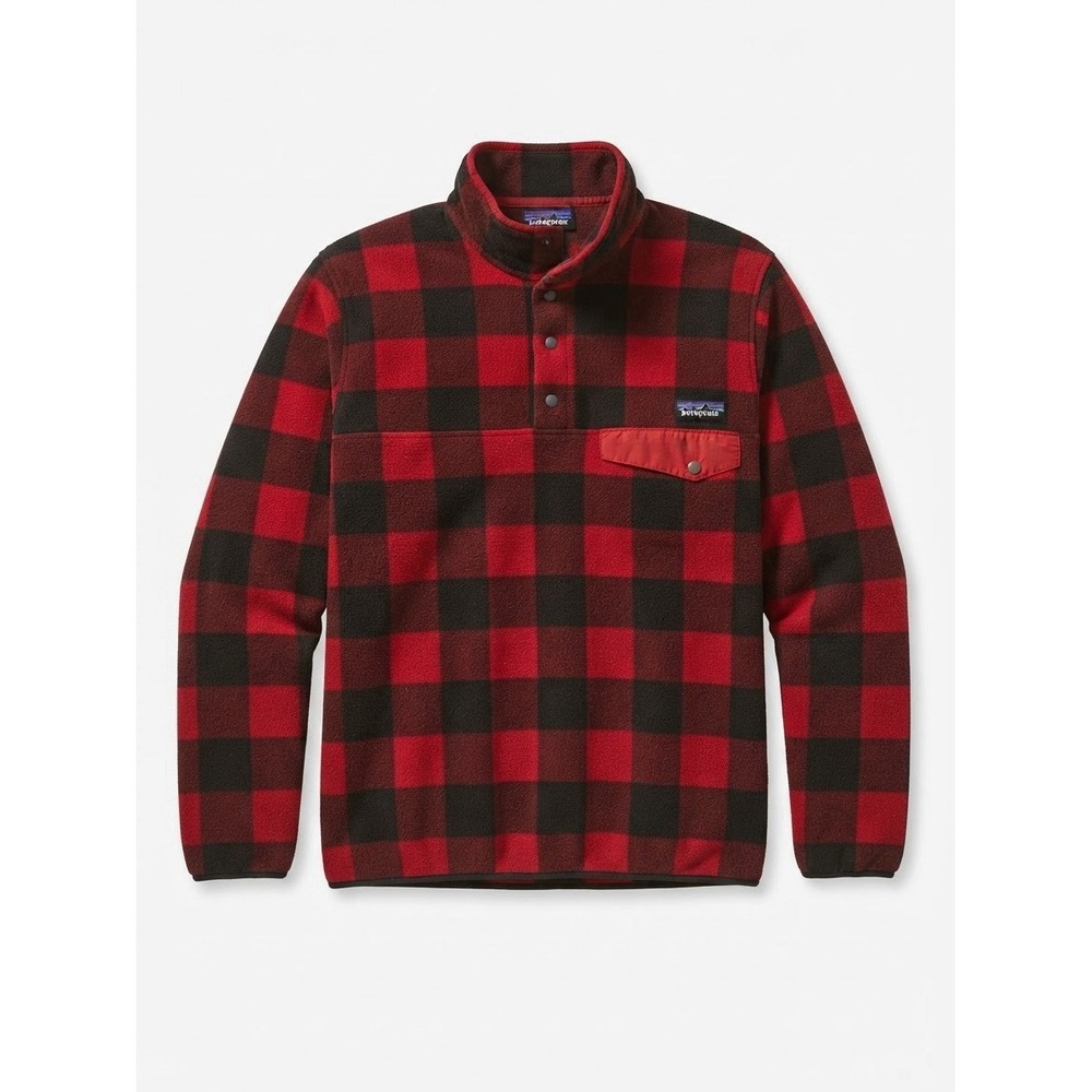Patagonia Synchilla Pullover Mens Sz Small Red Black Fleece Buffalo Plaid Snap-T